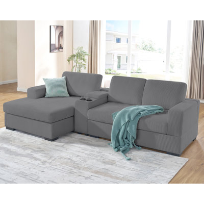 Grey 106-Inch L-Shaped Sofa with Left-Facing Chaise Lounge, Oversized Comfy Couch with Storage Console & Charging Socket