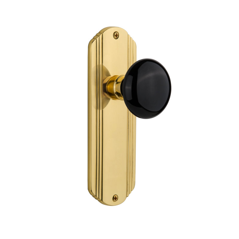 Deco Plate with Black Porcelain Door Knob, Unlacquered Brass, 2 3/4