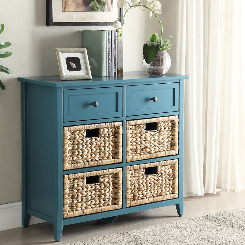 Console en bleu sarcelle: 6 rangements, façade panier, bois, élément de glissement en métal
