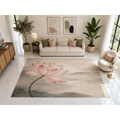 "Ultra Thin" Large 6'7" x 9'10" Pink Lotus Ink Wash Rug, Soft Low Pile Indoor Rug, Non-Slip Silicone Backing for Living Room Pink