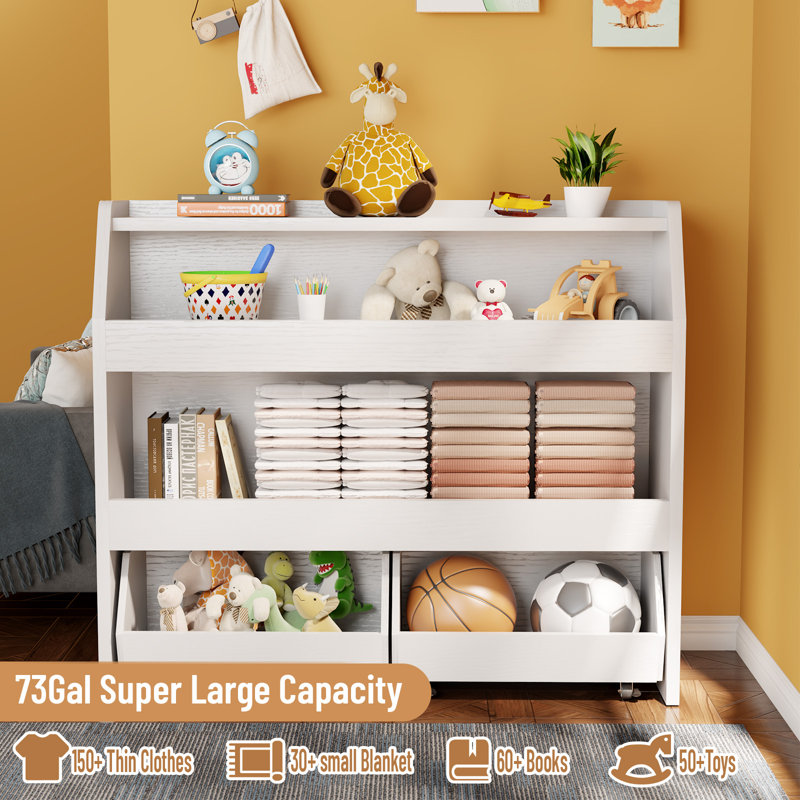 Toy Storge & Organizer Bookshelf With  Cubbies and  2 Movable Drawers, 2 Tier, 35.4"H x 40.2"W x 11.8"D