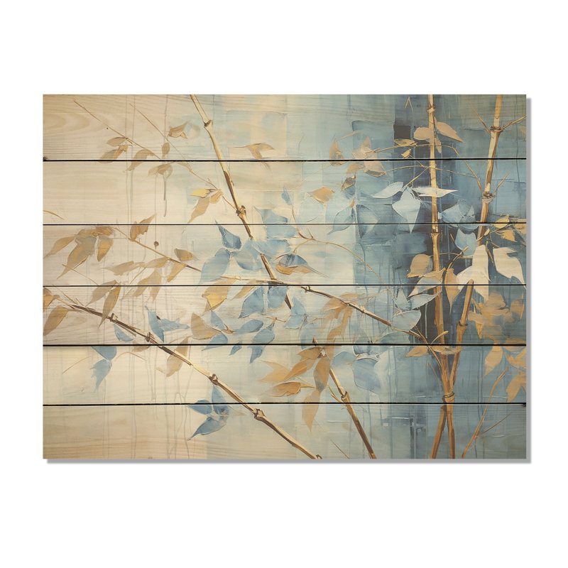 «Blue and Gold Bamboo Dance» - Art mural en bois de bambou sur bois de pin naturel, H 10 po x l 20 po