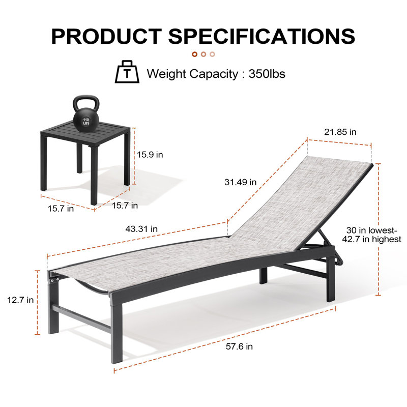 Patio Metal Reclining Chaise Lounge with Side Table, Earth
