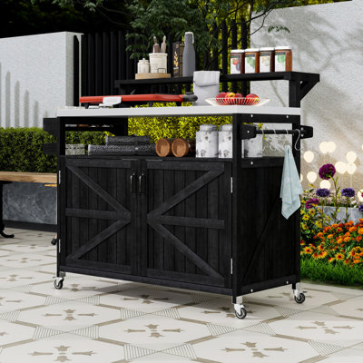 Chariot de barbecue extérieur avec tablette en bois surélevé, plateau en acier inoxydable, roues verrouillables et tablettes réglables