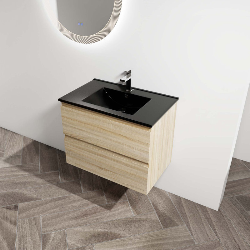 Meuble-lavabo mural avec lavabo en céramique, Chêne clair