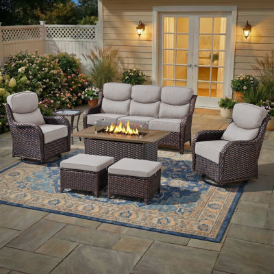 7 - Person Luxury Wicker Patio Furniture Set With Fire Pit Table & 6-Inch Extra-Thick Cushion Swivel Chairs, Side Table