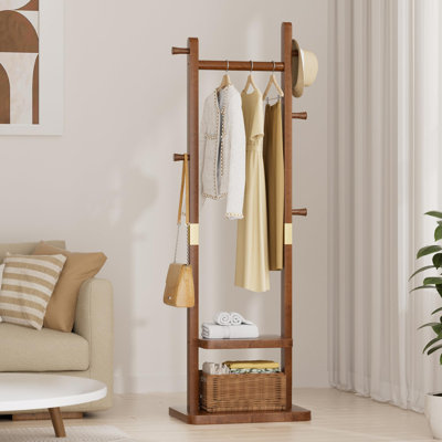Solid Wood Heavy - Duty Freestanding Coat Rack with 2 Shelves and 5 Hooks,for Both Hotel and Home