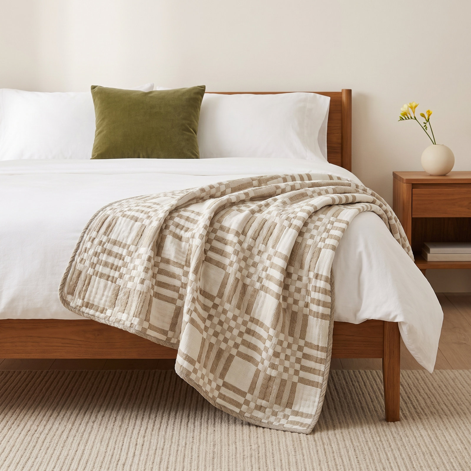 Simple Plaid Cotton Jacquard Throw Blanket, Ivory/Flax, King