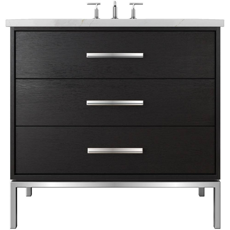 Rift White Oak Three-Drawer Single Bath Vanity, 30", Classic Black, Polished Chrome