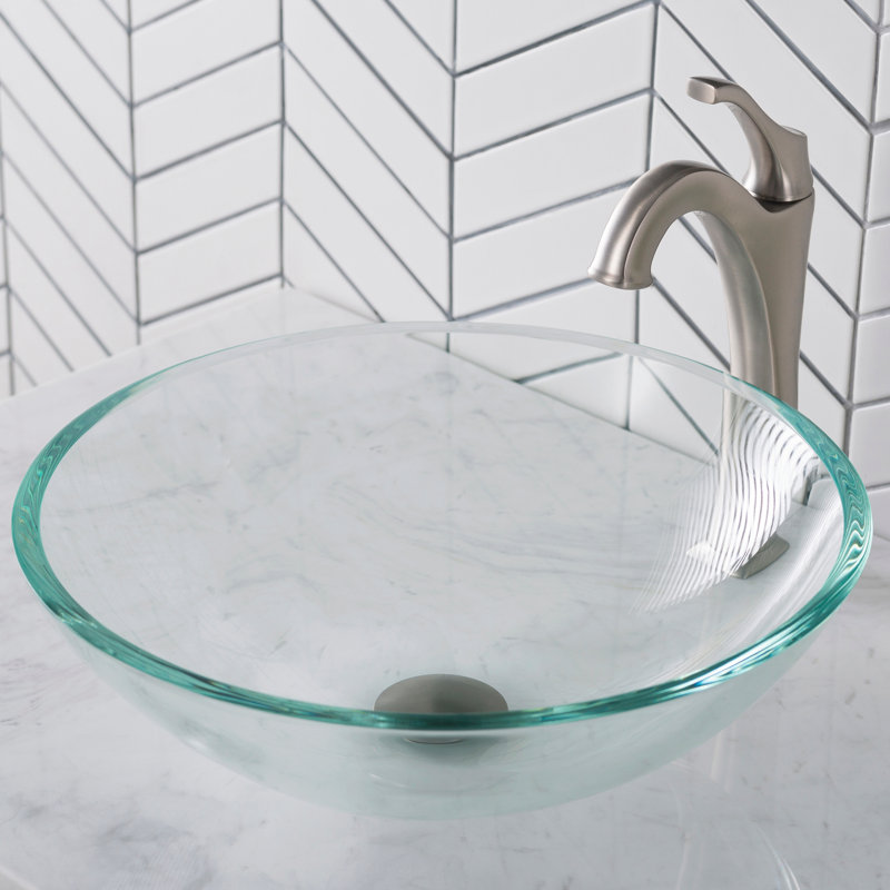 Glass Circular Vessel Bathroom Sink with Faucet, Brushed Nickel