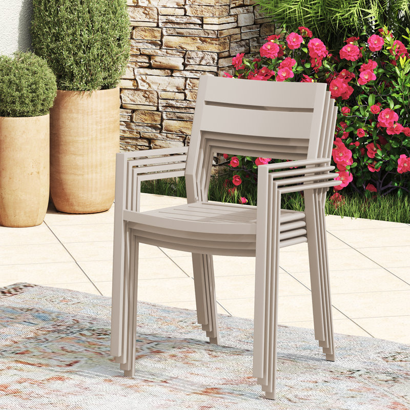 4-Person Round Patio Dining Set with Metal Dining Table and 4 Stackable Metal Armrest Chairs, Brush Wood Gray/Cream