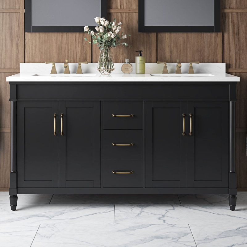 Meuble-lavabo double 60 po avec plateau en marbre Burdick, Noir Impress