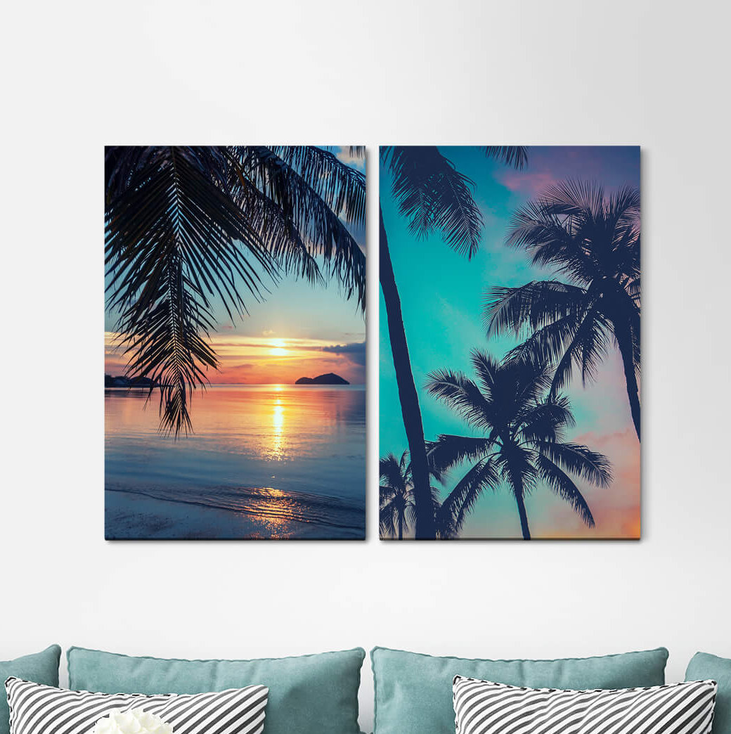 2-tlg. Leinwandbilder-Set - Fotografie „Palm Trees Dream Beach Sunset Paradise Caribbean Relaxing Vacation”