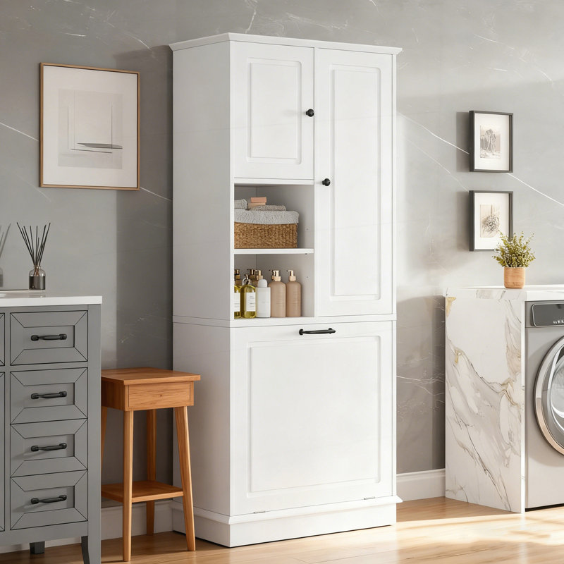 Grande armoire de rangement avec tablettes réglables, panier rabattable et armoires fermées pour une organisation multi-pièces
