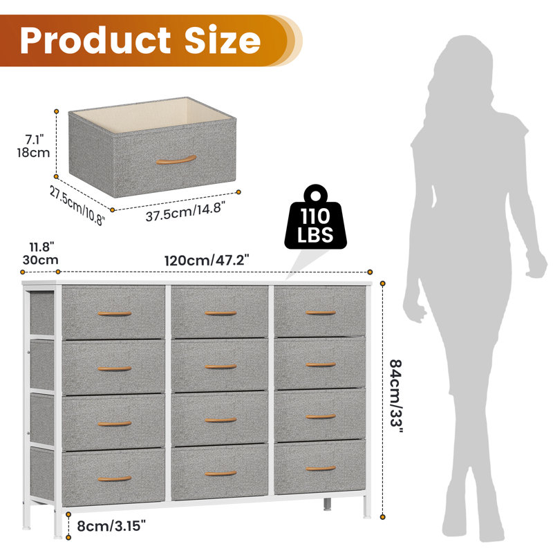 Metal 30cm W 12 - Drawer Chest of Drawers, Light Gray