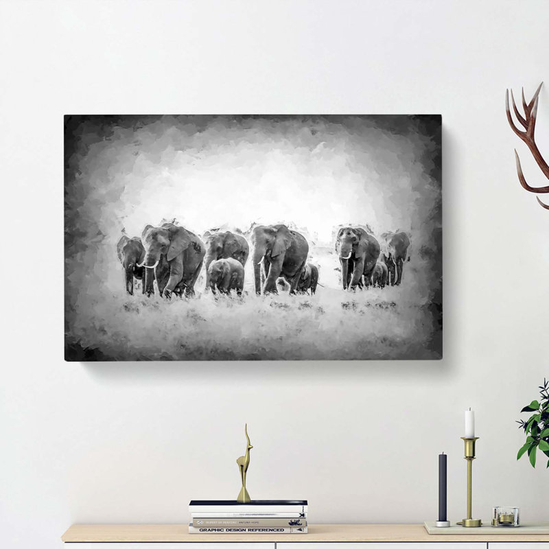 Herd Of Elephants Roaming In Abstract - Wrapped Canvas Painting, 40cm H x 60cm W x 3cm D