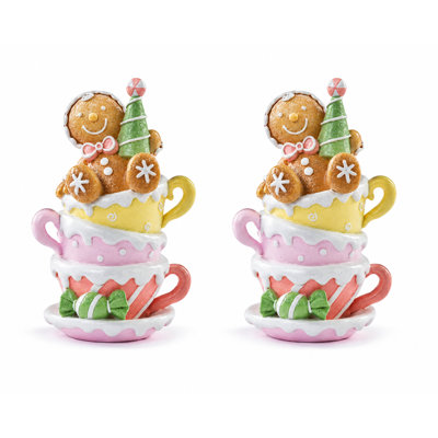 Set of 2 Gingerbread Teacup Stack Figurines with Gingerbread Cookie
