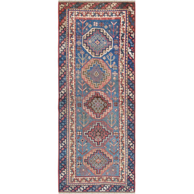 One-of-a-Kind Kazak Hand-Knotted 2010s 3'11" x 10'1" Runner Wool Area Rug in Blue/Brown