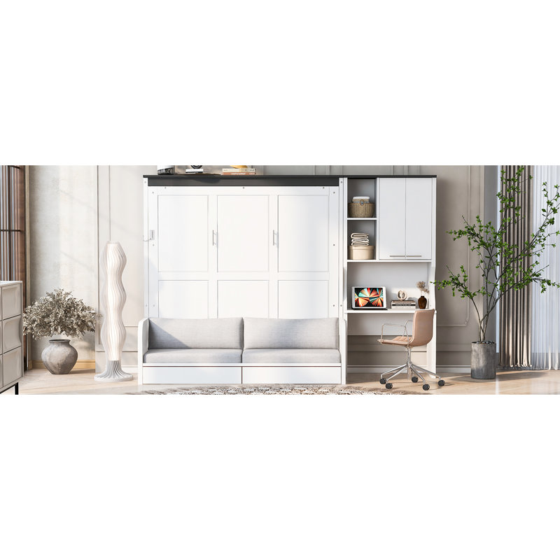 Grand lit avec rangement intégré, bureau et rangement, peu encombrant, blanc, bois et coin salon moelleux