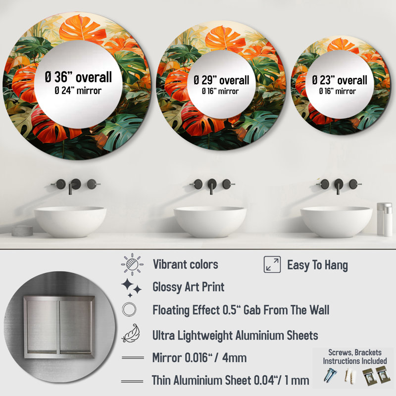 Filadelfio Orange Green Tropical Foliage I - Botanicals Large Mirror, Traditional Round Decorative Wall Mirror, Printed Metal Art