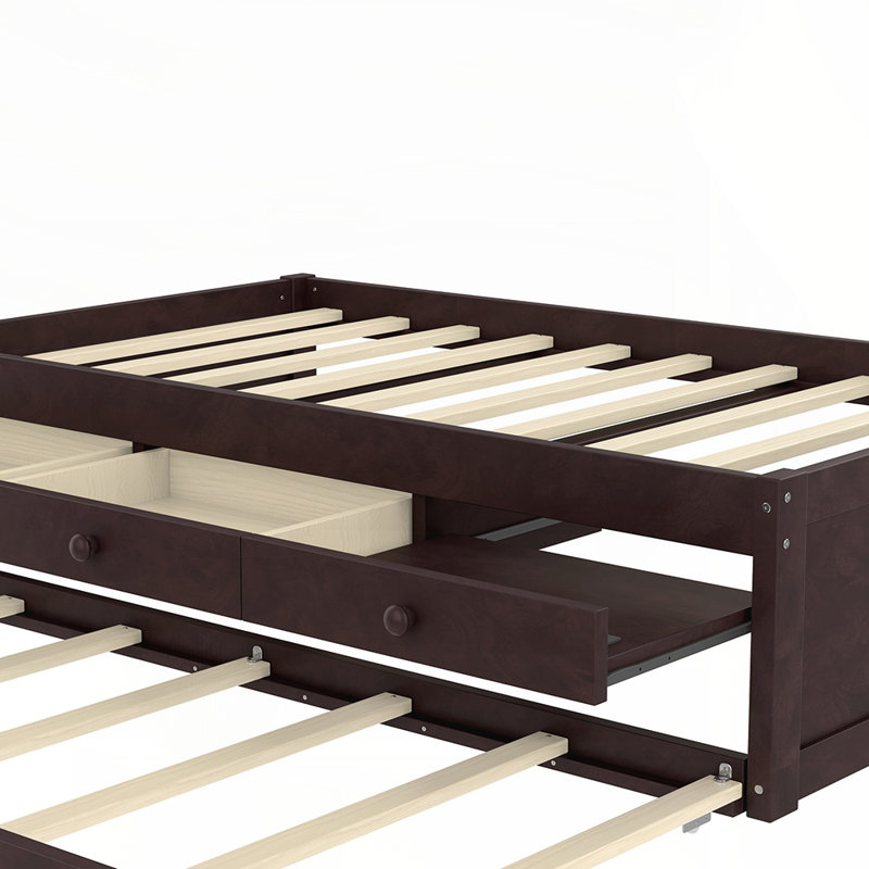 Solid Wood Platform Bed with Trundle, 2 Drawers, and Integrated Power Strip for Enhanced Storage and Convenience, Twin
