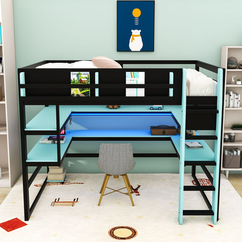 Gaming Loft Bed with Gaming Station and Smart Tech Integration, Cloud Blue, Full