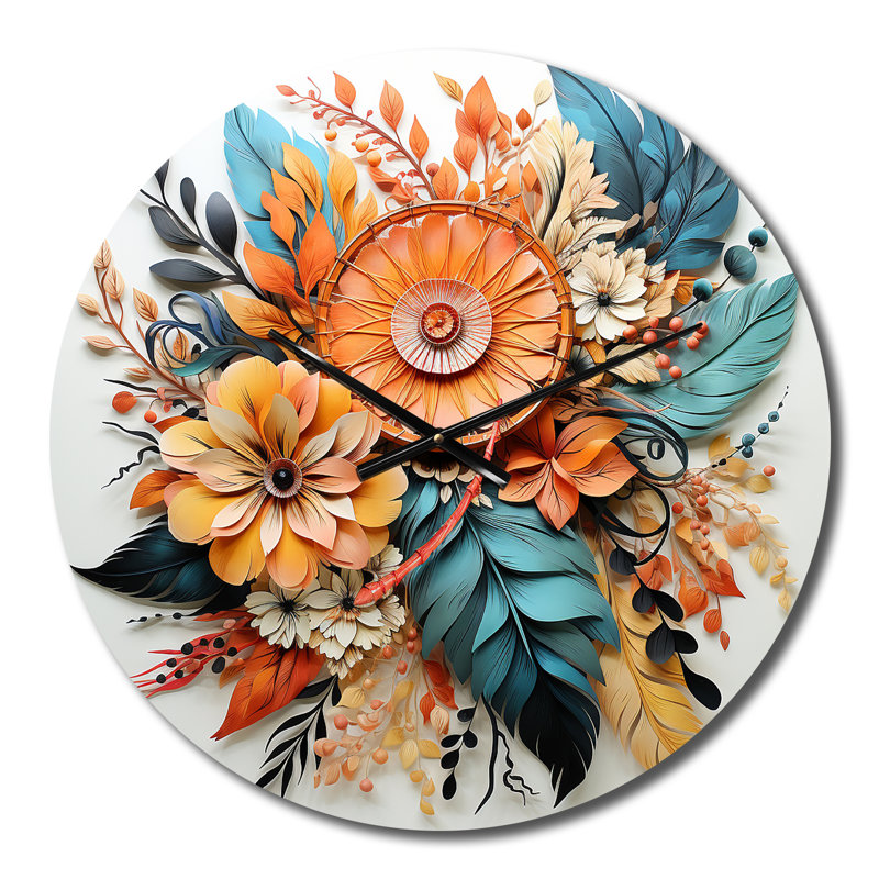 Horloge murale orange fleurs de bohème orange et plumes bleues II, Petit