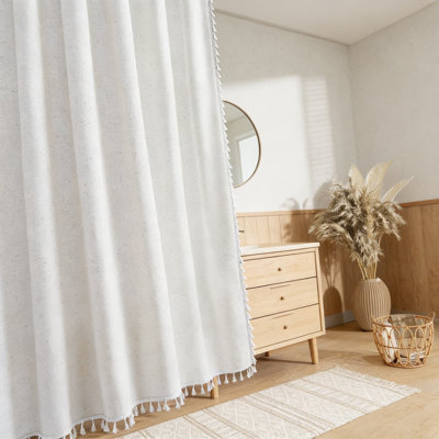 Linen Shower Curtain With Weighted Tassel Design, Water Repellent Farmhouse Chic Bath Curtain Set Includes Hooks, Natural Linen Blend Fabric For Rustic Vintage Or Modern Bathrooms