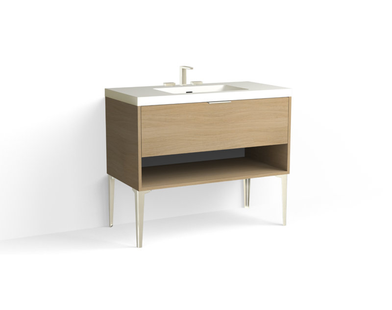 Modo 42" W Freestanding Single Bathroom Vanity with Dean Leg, Matte White/8" Widespread, Nocino, Polished Nickel