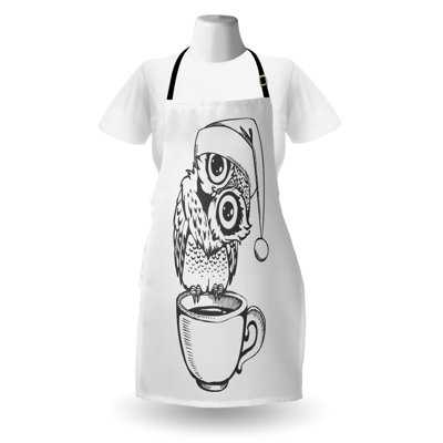 Bungalow avec tablier imprimé hibou rose et oiseau unisexe sur une tasse à café gris anthracite blanc adulte