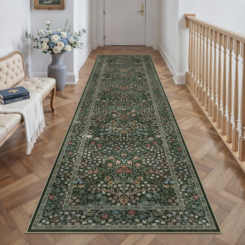 Tapis Alora lavable en machine à motif floral vintage avec envers antidérapant, Tapis de couloir 2 pi x 8 pi