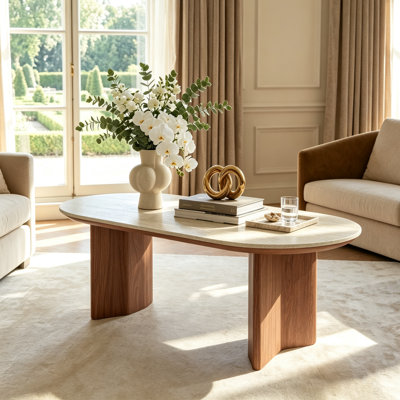 Meranda 47" Modern Oval Travertine Textured Stone Coffee Table-Unique Stone Top And Semi-Circular Solid Wood Base For Living Space