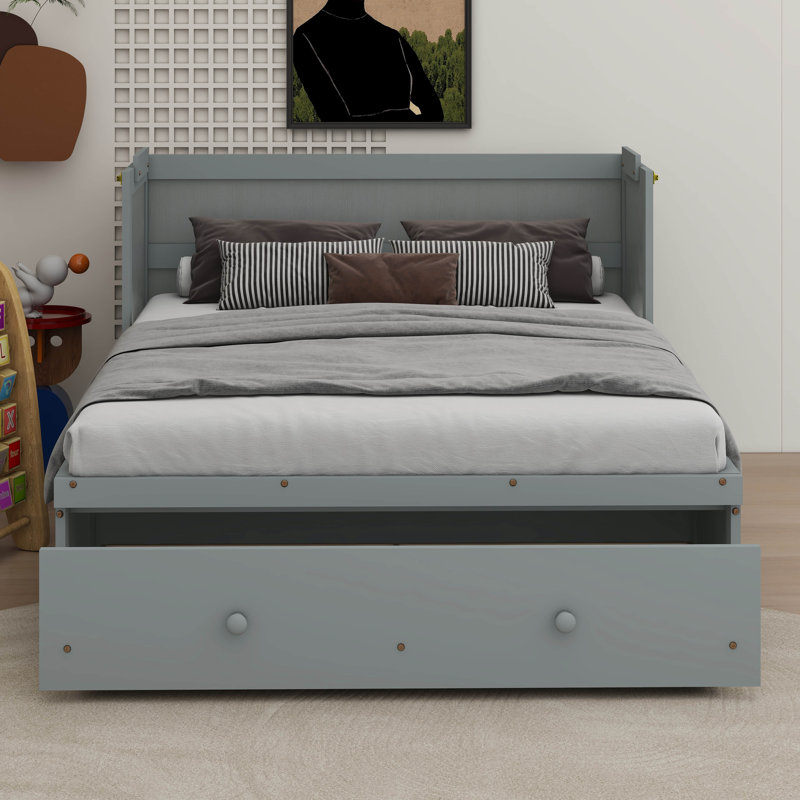 Hynes Murphy Bed, Solid Wood Murphy Bed Frame With USB Port And A Large Drawer, Gray, Queen