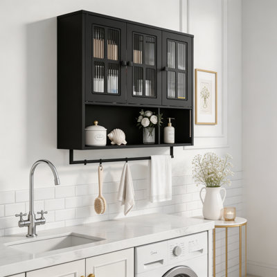 3-Door Wooden Wall Cabinet with Glass and Towel Bar