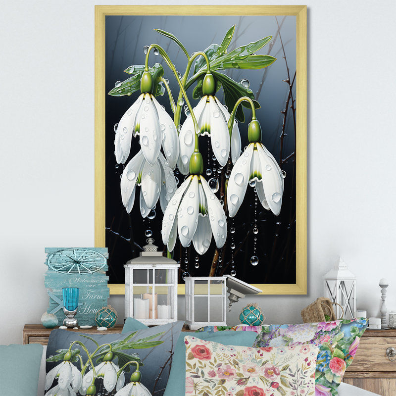 Morning Hush Snowdrops In Silent White II - Snowdrops, art mural, Cadre doré simple, H 32 po x l 24 po x P 1 po