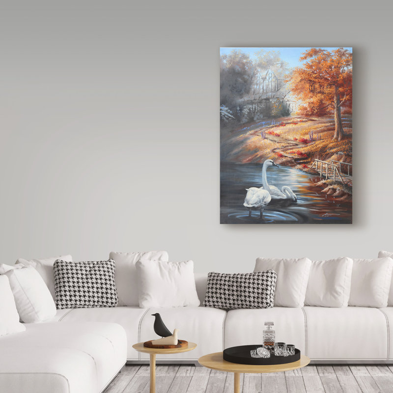 Rusty Rust Swans Landscape Canvas Art in Autumn Colors