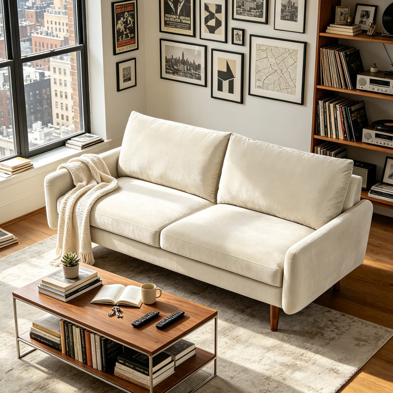 Causeuse 58 po en velours moderne européen avec pieds fuselés et accoudoirs carrés, canapé 2 places avec coussins épais et ergonomiques pour salon, appartement, bureau