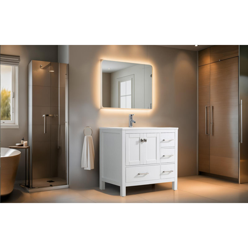 Meuble-lavabo de 36 po avec plateau en quartz blanc et lavabo en céramique EEST VANITY - 9008