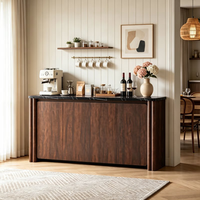 63" Sideboard Buffet Cabinet with 4 Doors, Adjustable Shelves, Faux Marble Top