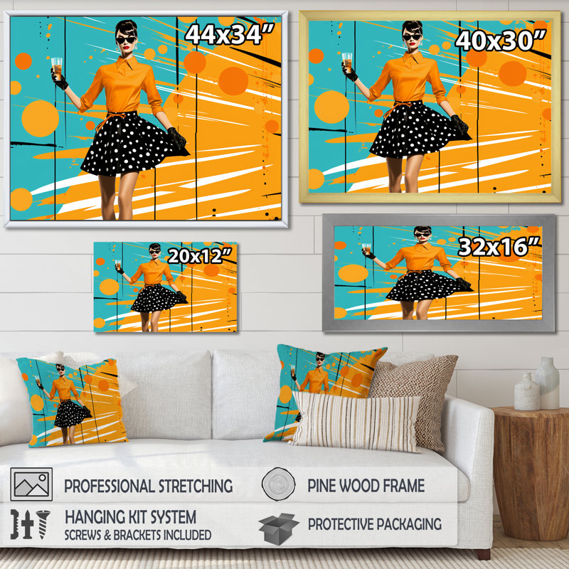 «Orange Midcentry Woman Insta Pose», art mural ballet, H 12 po x l 20 po x P 1 po, Cadre flottant noir