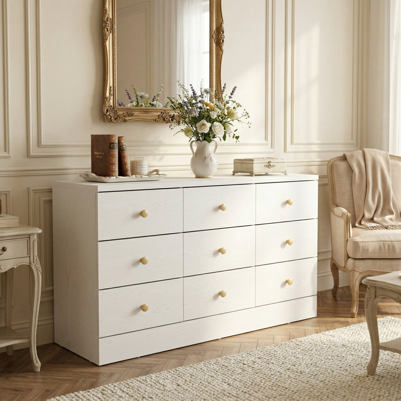 Commode 9 tiroirs 47,2 po de largeur avec poignées en bois massif