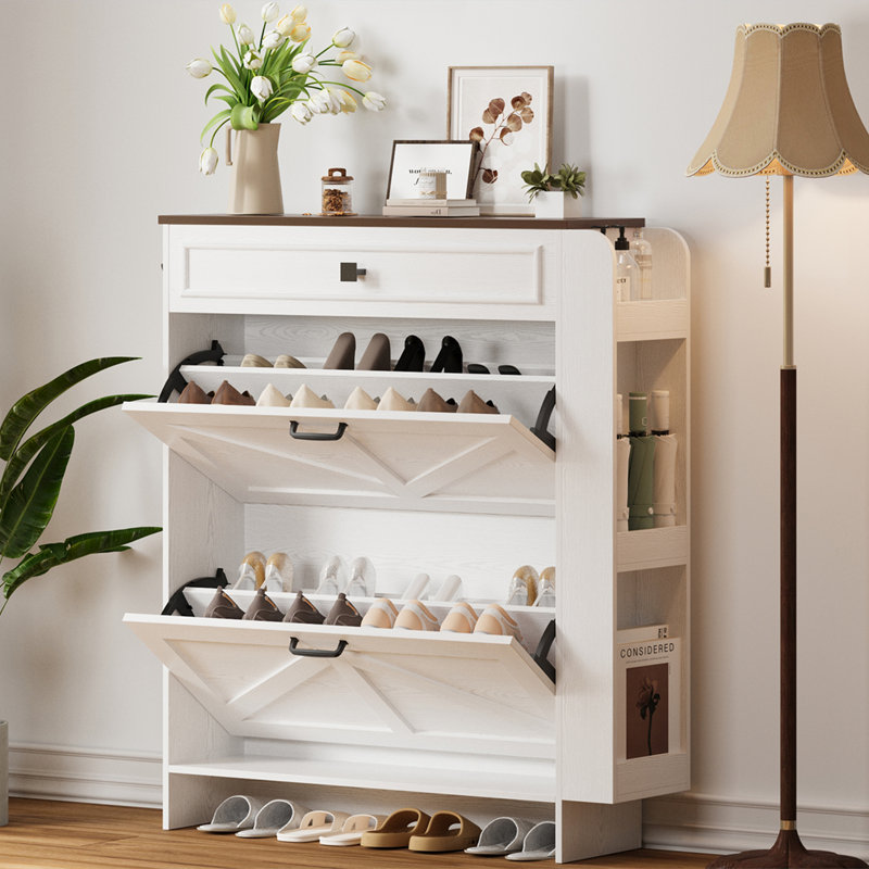 Farmhouse 16 Pair Shoe Storage Cabinet With 2 Flip Drawers, Narrow Shoe Storage Organizer Unit with Shelves For Entryway