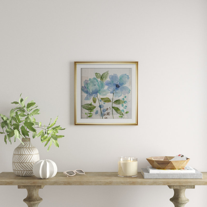 « jardin blues ii », peinture, H 28 po x l 28 po x P 2 po, Cadre doré