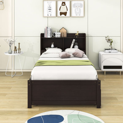 Wooden Platform Bed with Trundle and Shelves