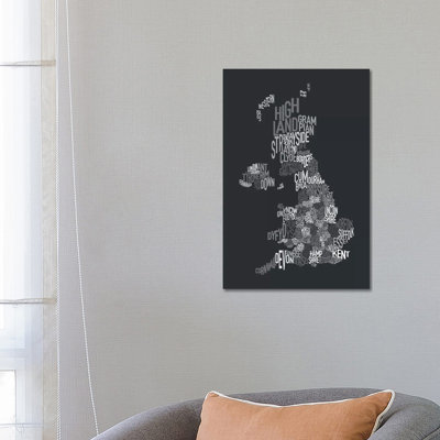 Great Britain UK County Text Map II by Michael Tompsett - Wrapped Canvas Print