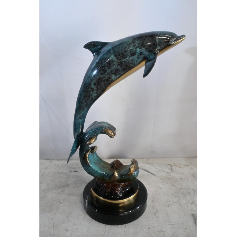 Single Dolphin Bronze Sculpture Leaping Wave Base 13"x8"x21"H