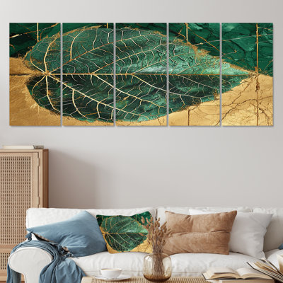 Ornement de feuille verte rétro or I - feuilles, art mural pour le salon, 5 pièces