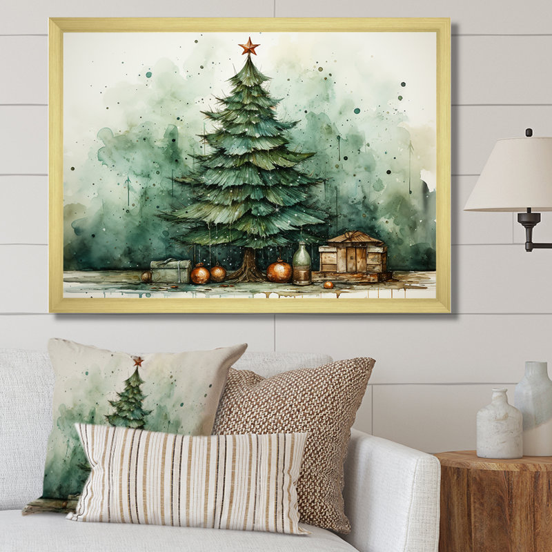 Minimalisme, arbre de Noël forêt III - pin, art mural, H 24 po x l 32 po x P 1 po, Cadre d'angle fermé doré