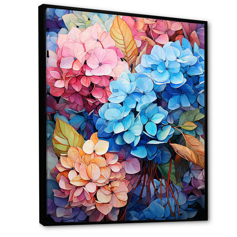 Hortensia bleue et orange II sur toile, Cadre flottant noir, H 20 po x l 12 po x P 1 po