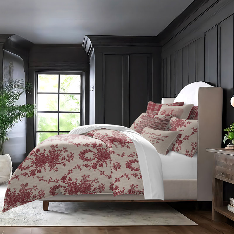 Country Lane Toile Crimson Cotton Duvet Cover Set  8 Piece, Full Duvet Cover + 7 Additional Pieces